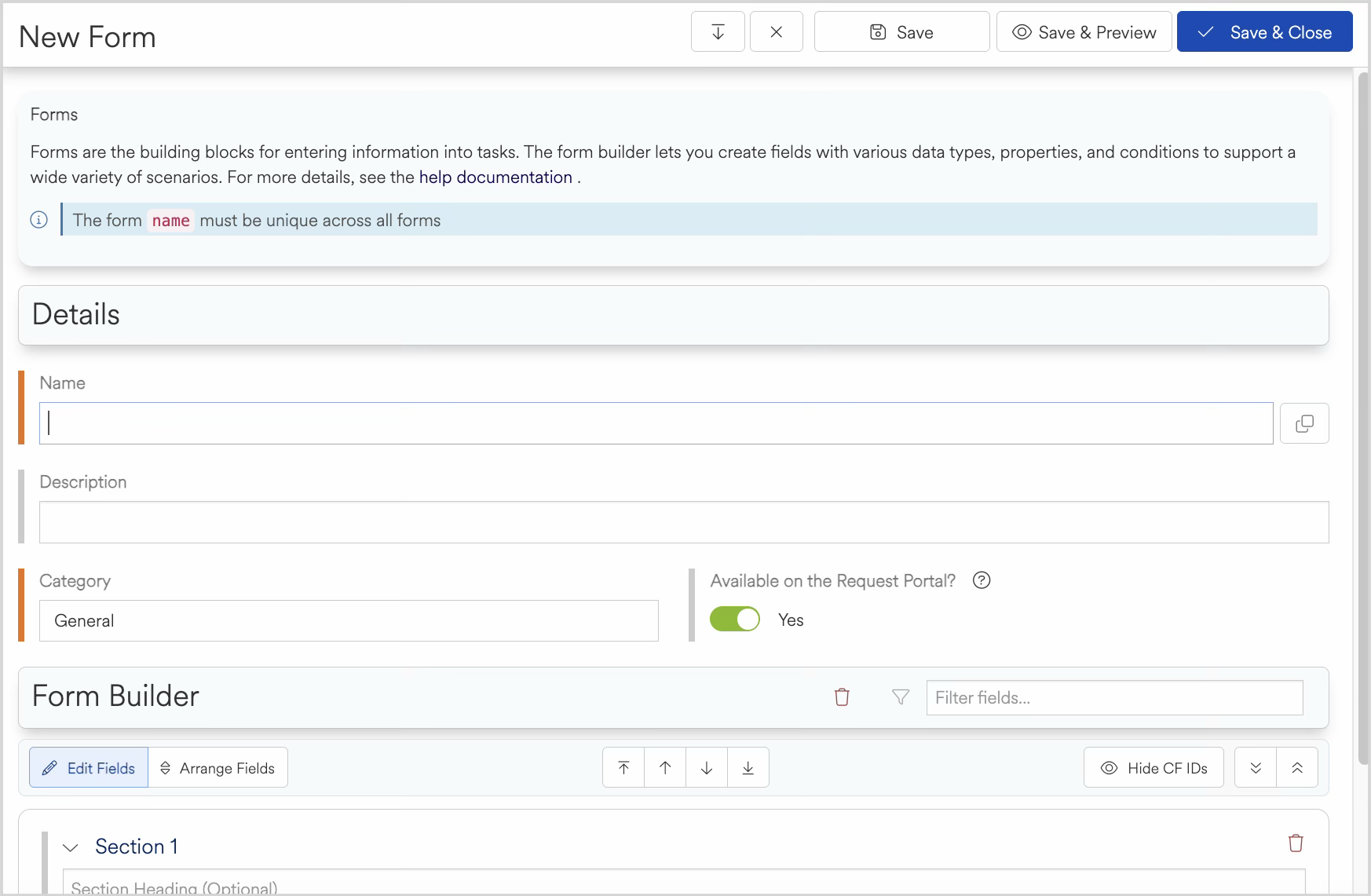 Form builder interface showing fields for name, description, and category selection.